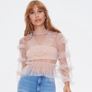 Buckle A Peach Pink Ruffle Trimmed Sheer Swiss Dot Long Sleeve Top S Romantic